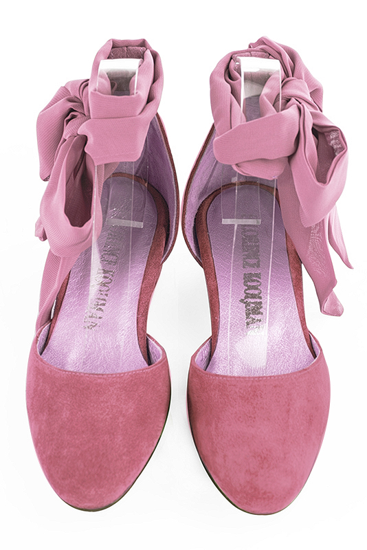 Carnation pink women's open side shoes, with a strap around the ankle. Round toe. Low block heels. Top view - Florence KOOIJMAN